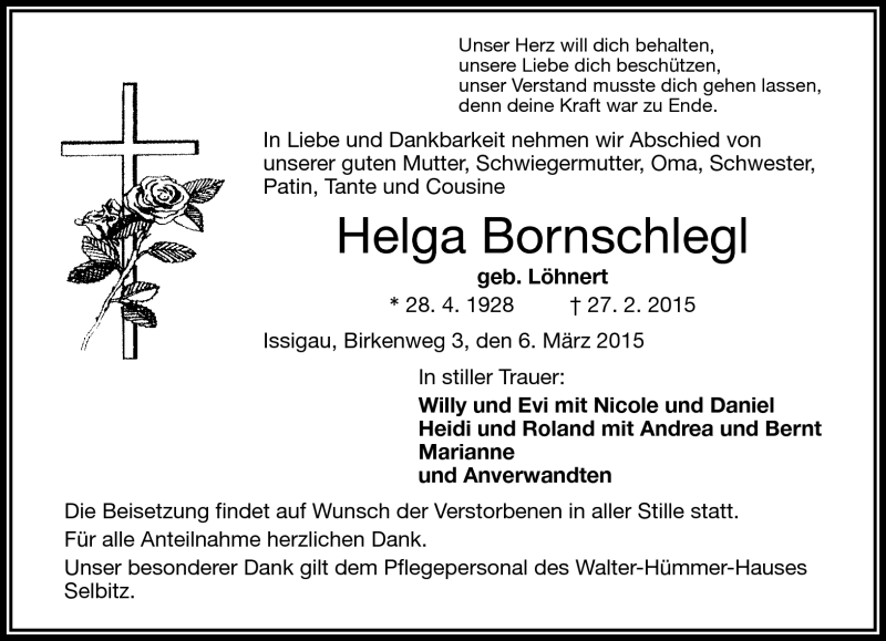  Traueranzeige für Helga Bornschlegl vom 06.03.2015 aus Frankenpost