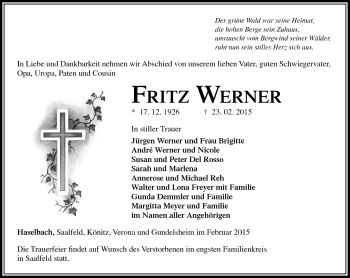 Traueranzeige von Fritz Werner von Südthüringer Presse
