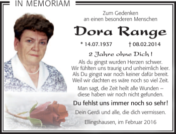 Traueranzeige von Dora Range von Südthüringer Presse