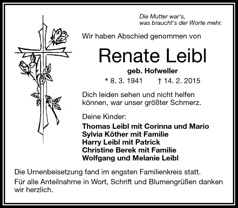  Traueranzeige für Renate Leibl vom 28.03.2015 aus Frankenpost