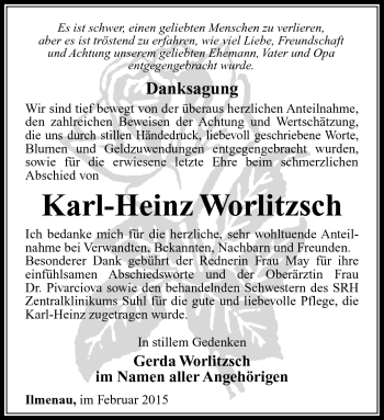Traueranzeige von Karl-Heinz Worlitzsch von Südthüringer Presse