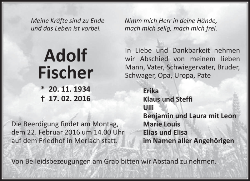  Traueranzeige für Adolf Fischer vom 20.02.2016 aus Neue Presse Coburg