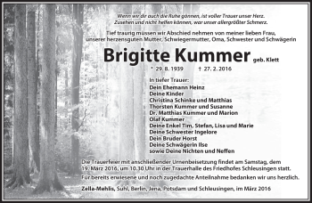 Traueranzeige von Brigitte Kummer von Südthüringer Presse