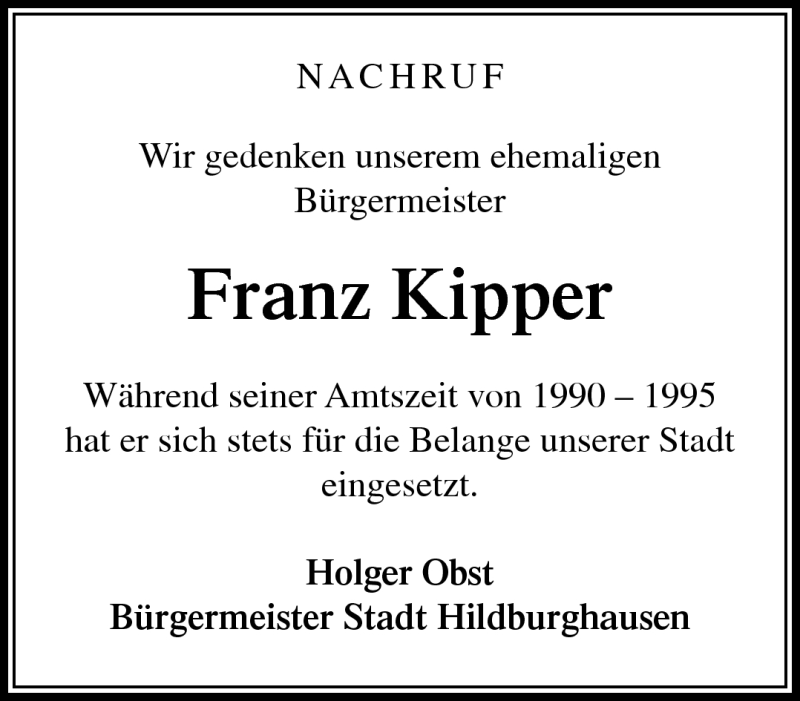  Traueranzeige für Franz Kipper vom 05.03.2015 aus Südthüringer Presse