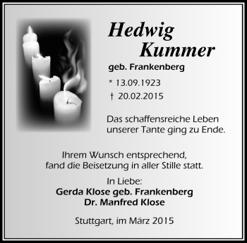Traueranzeige von Hedwig Kummer von Südthüringer Presse