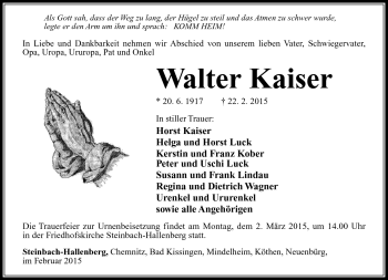 Traueranzeige von Walter Kaiser von Südthüringer Presse