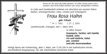 Traueranzeige von Rosa Hahn von Frankenpost