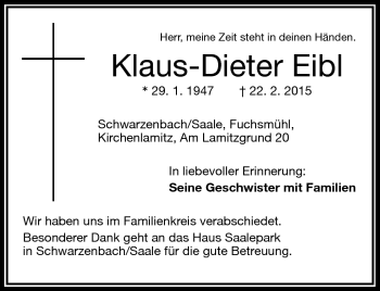Traueranzeige von Klaus-Dieter Eibl von Frankenpost