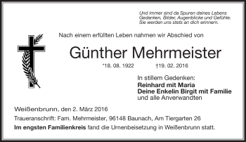 Traueranzeige von Günther Mehrmeister von Neue Presse Coburg