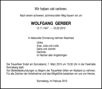 Traueranzeige von Wolfgang Gerber von Südthüringer Presse