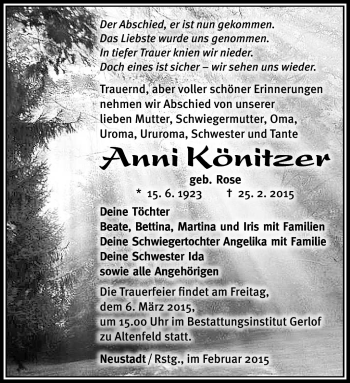Traueranzeige von Anni Könitzer von Südthüringer Presse