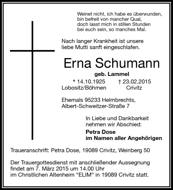 Traueranzeige von Erna Schumann von Frankenpost
