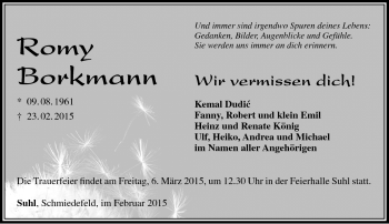 Traueranzeige von Romy Borkmann von Südthüringer Presse