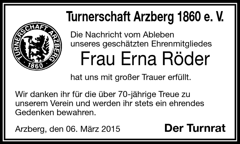  Traueranzeige für Erna Röder vom 06.03.2015 aus Frankenpost