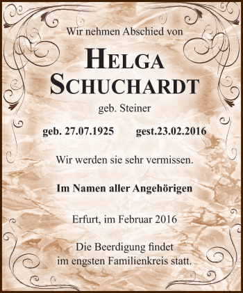 Traueranzeige von Helga Schuchardt von Südthüringer Presse