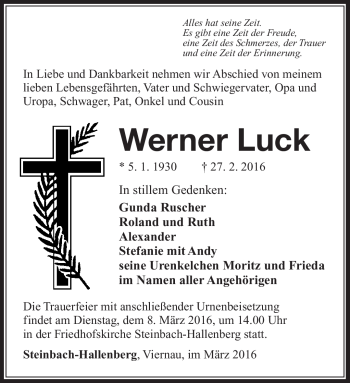Traueranzeige von Werner Luck von Südthüringer Presse