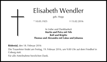Traueranzeige von Elisabeth Wendler von Neue Presse Coburg