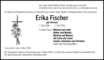Traueranzeige von Erika Fischer von Neue Presse Coburg