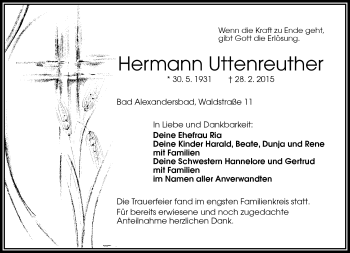 Traueranzeige von Hermann Uttenreuther von Frankenpost