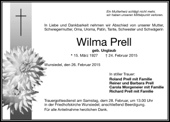 Traueranzeige von Wilma Prell von Frankenpost