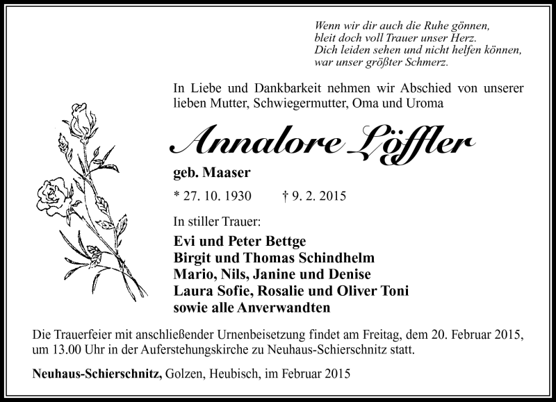  Traueranzeige für Annalore Löffler vom 17.02.2015 aus Südthüringer Presse