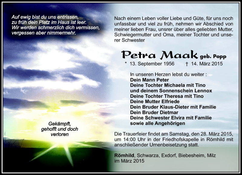  Traueranzeige für Petra Maak vom 21.03.2015 aus Südthüringer Presse