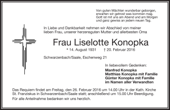 Traueranzeige von Liselotte Konopka von Frankenpost