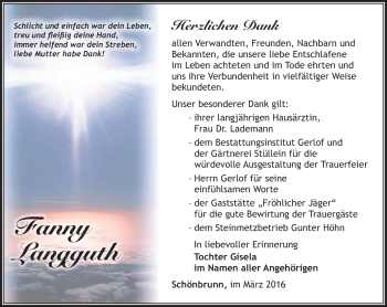 Traueranzeige von Fanny Langguth von Südthüringer Presse