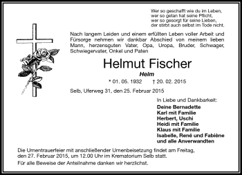Traueranzeige von Helmut Fischer von Frankenpost