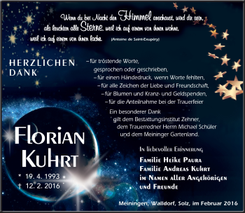 Traueranzeige von Florian Kuhrt von Südthüringer Presse