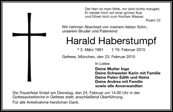 Traueranzeige von Harald Haberstumpf von Frankenpost