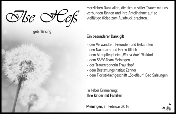 Traueranzeige von Ilse Heß von Südthüringer Presse