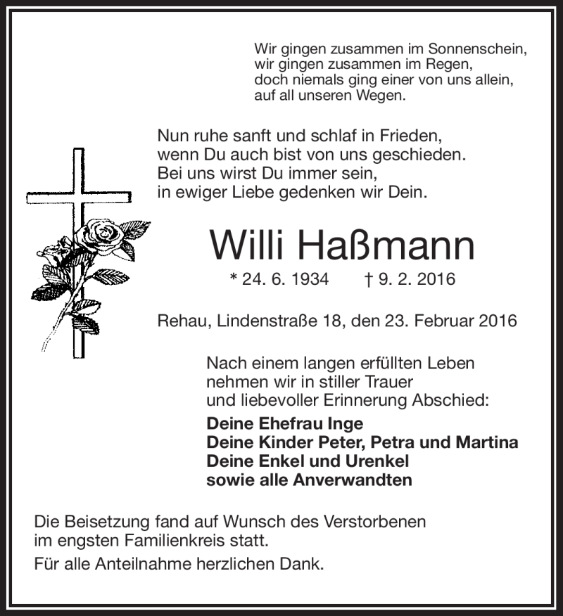  Traueranzeige für Willi Haßmann vom 23.02.2016 aus Frankenpost