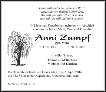 Traueranzeige von Anni Zumpf von Südthüringer Presse