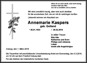 Traueranzeige von Annemarie Kaspers von Neue Presse Coburg