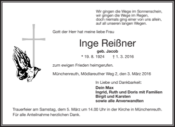 Traueranzeige von Inge Reißner von Frankenpost