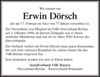 Traueranzeige von Erwin Dörsch von Frankenpost