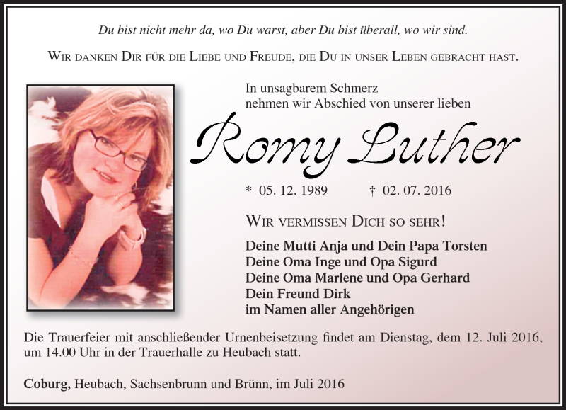  Traueranzeige für Romy Luther vom 06.07.2016 aus Südthüringer Presse