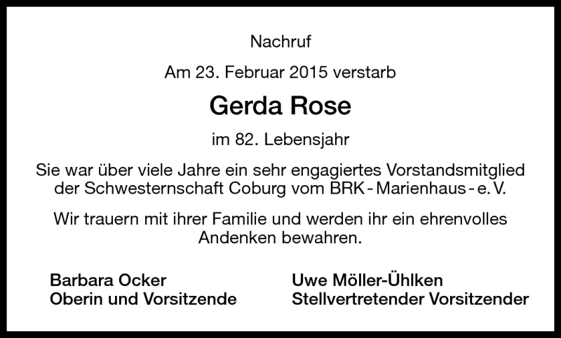  Traueranzeige für Gerda Rose vom 17.03.2015 aus Neue Presse Coburg