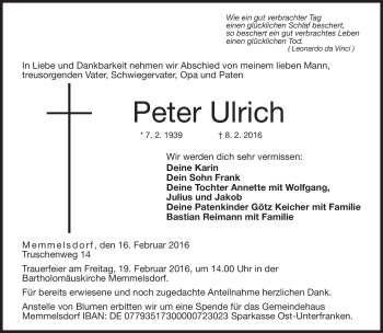 Traueranzeige von Peter Ulrich von Neue Presse Coburg