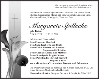 Traueranzeige von Margarete Spillecke von Südthüringer Presse