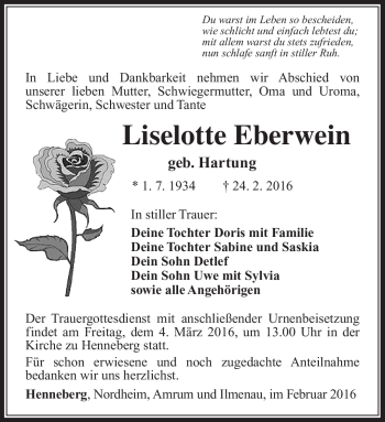 Traueranzeige von Lieselotte Eberwein von Südthüringer Presse