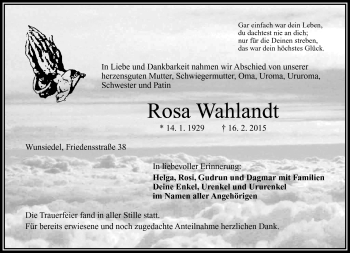 Traueranzeige von Rosa Wahlandt von Frankenpost
