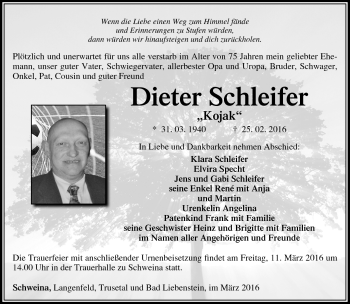 Traueranzeige von Dieter Schleifer von Südthüringer Presse