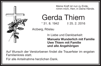 Traueranzeige von Gerda Thiem von Frankenpost