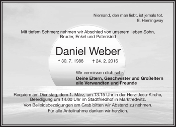 Traueranzeige von Daniel Weber von Frankenpost