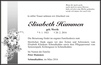 Traueranzeige von Elisabeth hammen von Südthüringer Presse