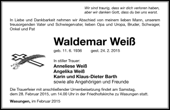 Traueranzeige von Waldemar Weiß von Südthüringer Presse