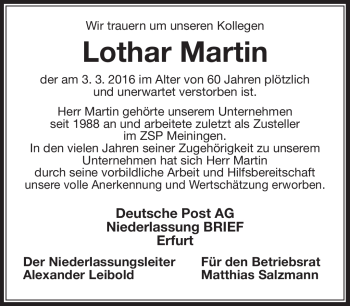 Traueranzeige von Lothar Martin von Südthüringer Presse