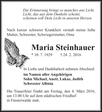 Traueranzeige von Maria Steinhauer von Südthüringer Presse